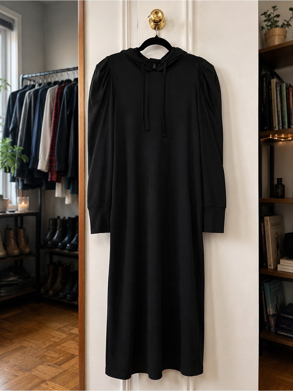 We Wore What Black Hooded Midi Dress with Puff Sleeve